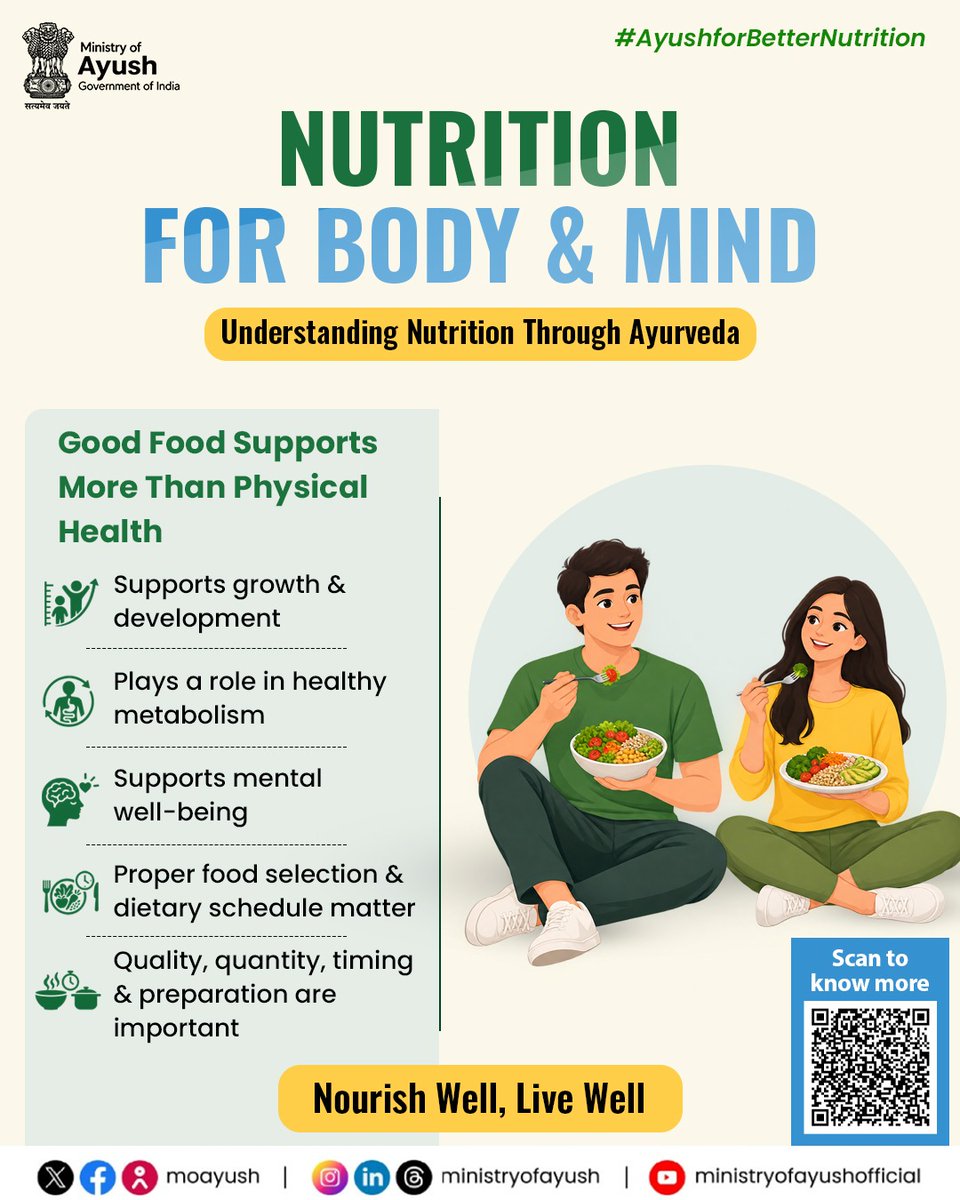 moayush's tweet photo. Nourish the body, nurture the mind!

Ayurveda recognises that nutrition is not just about what we eat, but also about how, when and in what manner we eat. The right food choices, dietary schedule, quality, quantity and preparation can support growth, healthy metabolic processes and overall well-being.

This Nutrition Week 2026, discover the Ayurvedic perspective on nutrition and make mindful food choices for a healthier life.

#AyushForBetterNutrition #NutritionWeek2026 #Ayurveda #AyurvedicNutrition #NutritionAwareness #HealthyEating #WellBeing #MindfulEating #HealthyLifestyle #MinistryOfAyush 
@PMOIndia | @narendramodi | @mpprataprao | @secymoayush | @CCRAS_MoAyush @DirectorCcryn | @PIB_India | @PIBAYUSH | @DDNewslive | @sansad_tv | @AIRNewsHindi | @mygovindia | @MyGovHindi