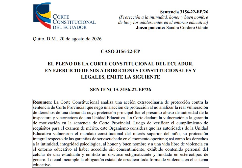 dan_gahe's tweet photo. Hola, hola! Después de un tiempo de "desintoxicación digital", les recomiendo leer una sentencia de la @CorteConstEcu. ¿Hay un límite a la actuación disciplinaria de las autoridades educativas? ¿Puede esa actuación lesionar derechos de estudiantes como la intimidad? ¿Qué opinan?: https://t.co/TBkCJyi9Mk