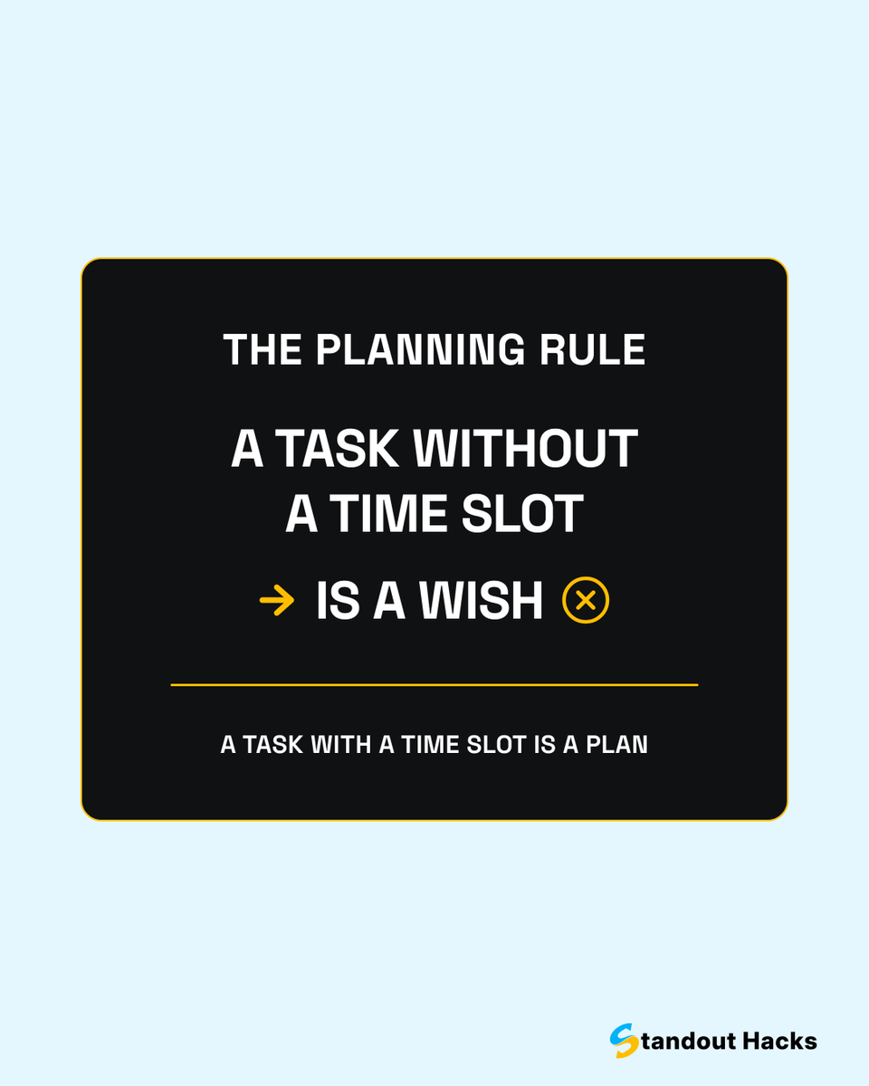 standouthacks's tweet photo. Last Monday I wrote down 9 tasks.

By Friday, only 4 were finished.

Those 4 had one thing in common:

They had a time slot on my calendar.

The other 5 were sitting on a to-do list, waiting for me to “find time"

That’s the real difference:

A task without a time slot is a wish. https://t.co/pyKux4a62y