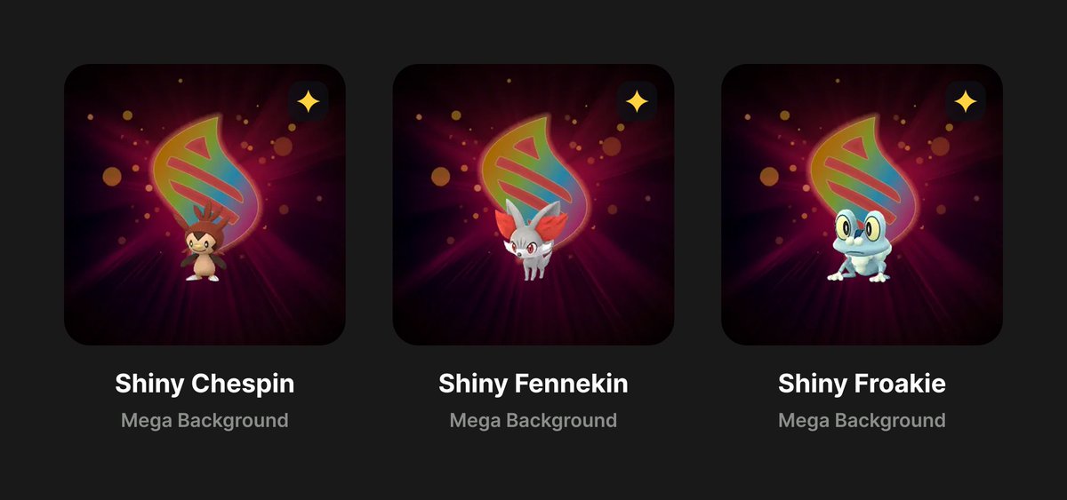 PoGOAlley's tweet photo. The Mega background starters are in the dex.

Shiny Chespin, Fennekin and Froakie. Add yours to your trade pile, or drop them on your Looking For list if the research didn't go your way.

https://t.co/W0JnkHUBq1

#PokemonGO #PokemonGOTrade #PokemonGOFriends https://t.co/iaTzh9anLA