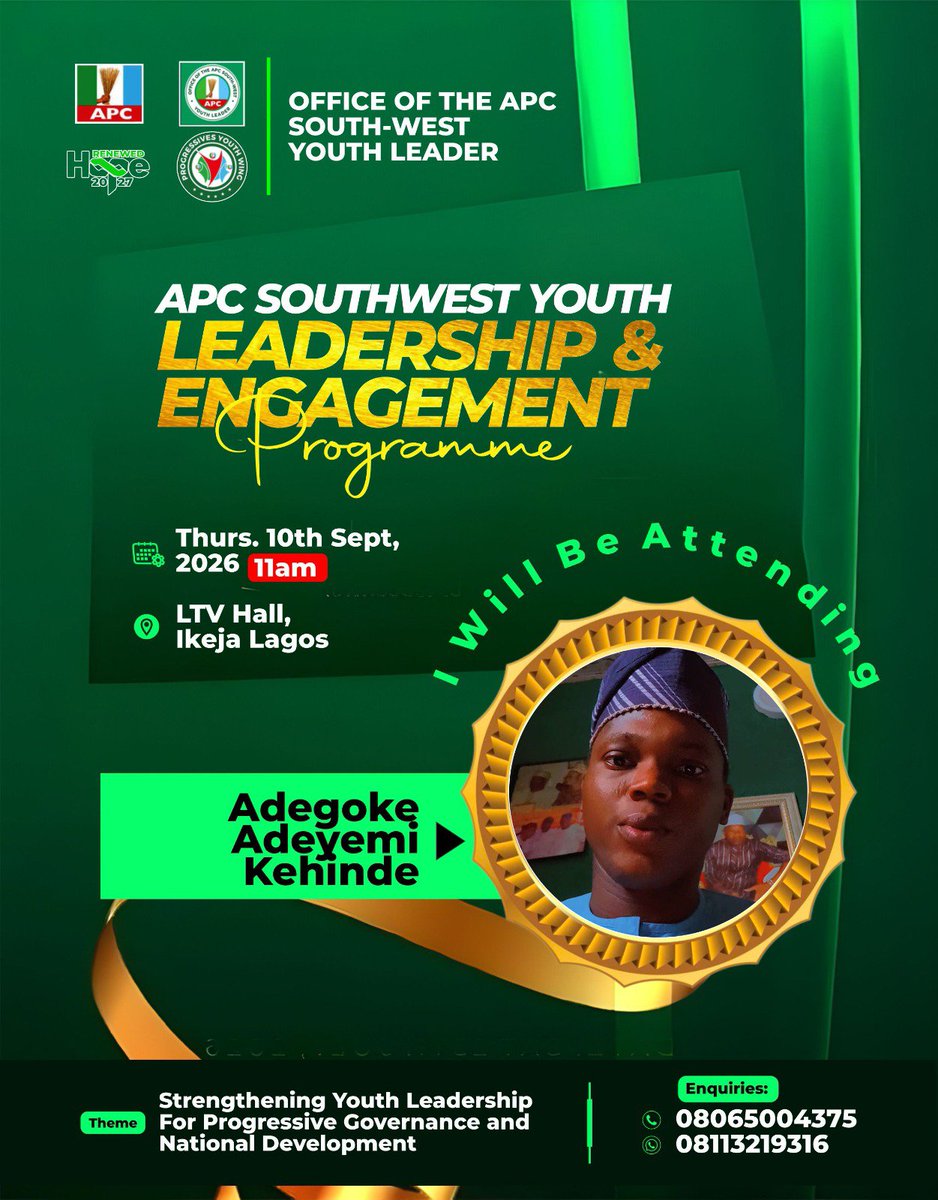 HADEYEMI1234's tweet photo. I will be participating in the APC South West Youth Leadership and Engagement event coming up on September 10, 2026. https://t.co/31M5ArBhat