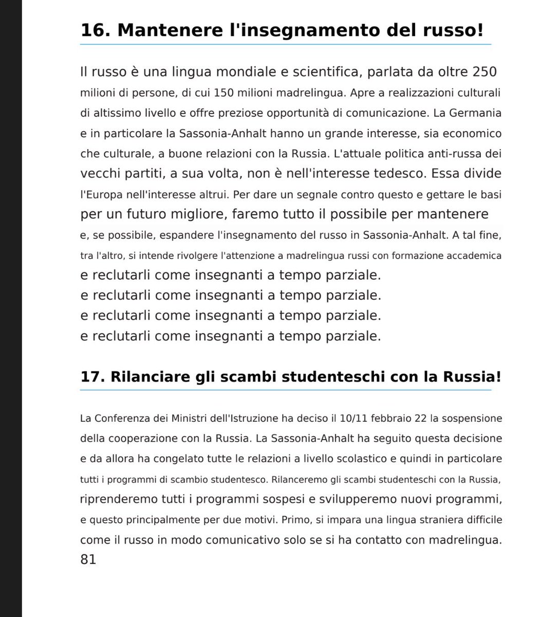 MarcoFattorini's tweet photo. Aumentare l’insegnamento del russo, rilanciare gli scambi studenteschi con la Russia, porre fine alle sanzioni, riprendere l’acquisto del gas e normalizzare le relazioni commerciali.

È il programma di Alternative für Deutschland in Sassonia-Anhalt, ma sembra scritto da Putin. https://t.co/HhYz6JJ3GN
