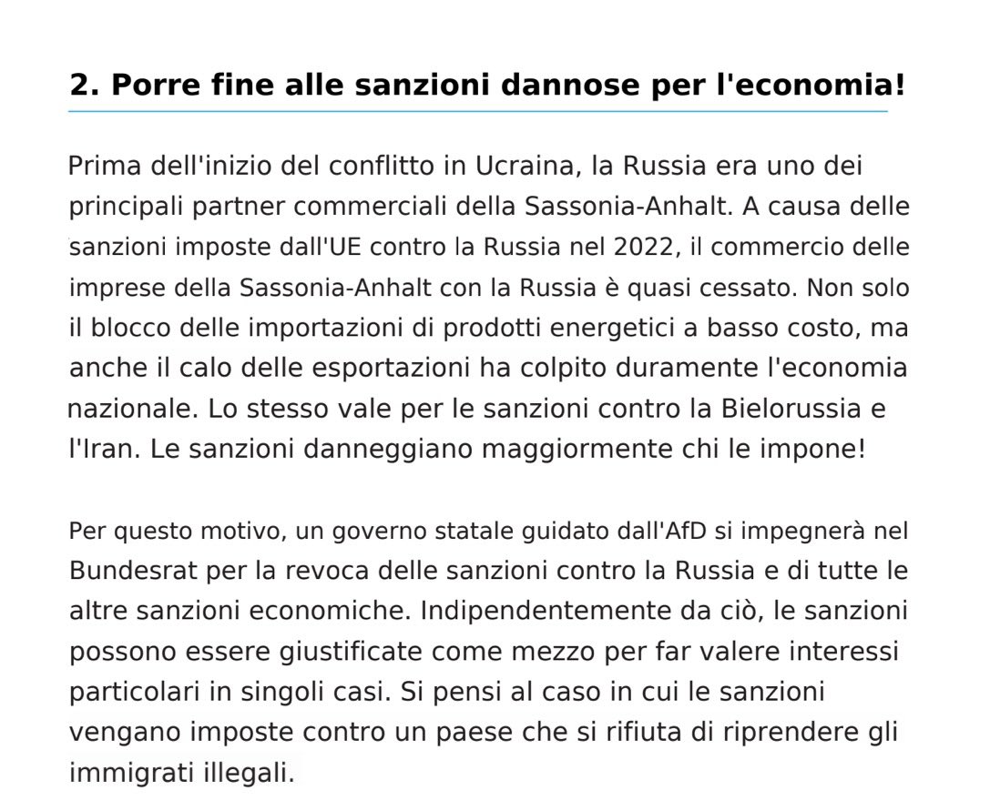 MarcoFattorini's tweet photo. Aumentare l’insegnamento del russo, rilanciare gli scambi studenteschi con la Russia, porre fine alle sanzioni, riprendere l’acquisto del gas e normalizzare le relazioni commerciali.

È il programma di Alternative für Deutschland in Sassonia-Anhalt, ma sembra scritto da Putin. https://t.co/HhYz6JJ3GN