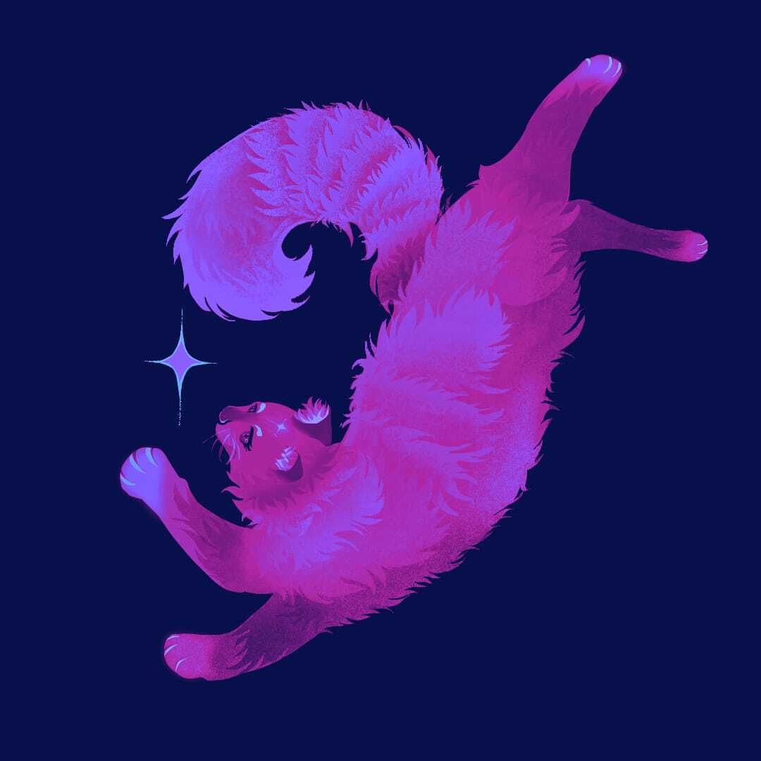 luminizi's tweet photo. "Reaching for a star" illustration. Finally tried using gradient maps, I think it turned out okay ✨️💜 

[Digital art, cat, pets, stars, whimsical, purple, gradient maps, grayscale to color] https://t.co/QTYGlJffuR