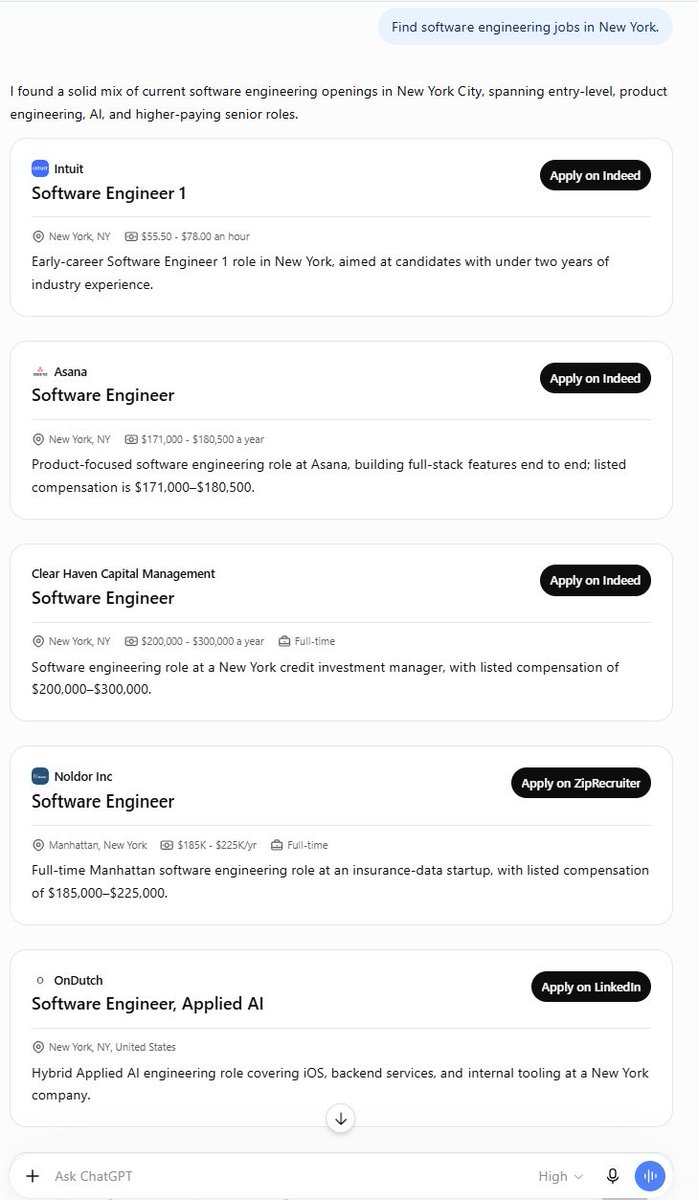 RaduStoian's tweet photo. 👀 I spotted “Apply on LinkedIn” buttons inside ChatGPT Jobs.

At first glance, you might think LinkedIn has integrated directly with ChatGPT. 

But the answer is no. 

This post explains what is really happening: 
https://t.co/MQ8RwSaoO4 https://t.co/AyeOEbTV0i
