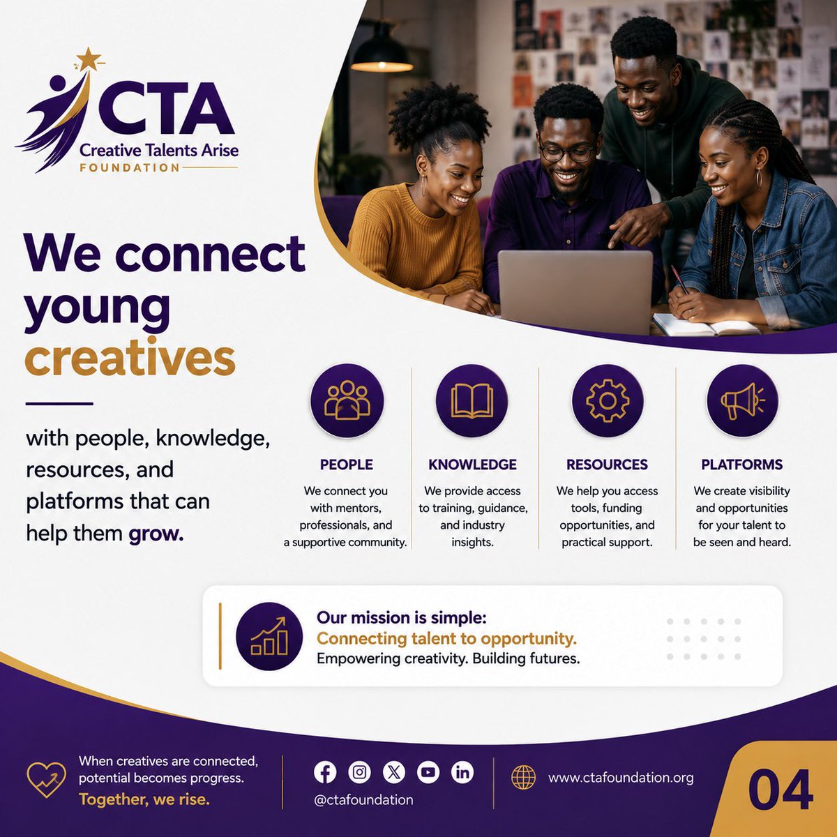 creativesarise's tweet photo. Creative Talents Arise Foundation is building pathways for emerging creatives through training, mentorship, exposure, partnerships and opportunities.

Film. Music. Fashion. Photography. Design. Writing. Performance. Digital creativity.

Talent deserves a future.

#CTAFoundation https://t.co/mr2pQivTHR