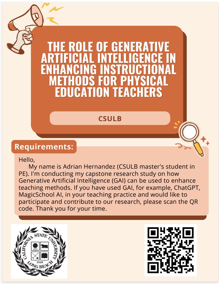 CSULB_APE's tweet photo. Adrian Hernandez (CSULB master's student in PE) is
conducting his capstone research study on how Generative Artificial Intelligence can be used to enhance teaching methods. If you have used GAI, such as ChatGPT or
MagicSchool AI, please click:
https://t.co/ZbEhMjFRDb https://t.co/FEtOB7348I