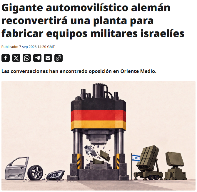 ActualidadRT's tweet photo. 🚘Volkswagen alcanzó un acuerdo preliminar con la compañía israelí Aurelius Capital para reconvertir su planta de Osnabruck, en Alemania, y destinarla a la fabricación de equipamiento militar junto con la compañía israelí Rafael Advanced Defense Systems, informó Bloomberg. https://t.co/m16CDBzVeA