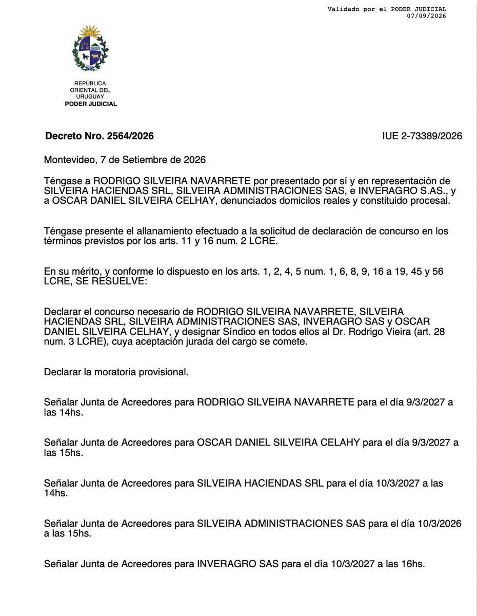 EPreve's tweet photo. 🐄 URGENTE - SILVEIRA 

✔️La Justicia acaba de declarar el concurso de los fondos ganaderos de Rodrigo Silveira y todas sus empresas: Silveira Haciendas, Silveira Administraciones SAS, Inveragro SAS y Oscar Daniel Silveira.

✔️Designó en calidad de síndico a Rodrigo Vieira.

✔️Silveira ni se opuso al concurso ni presentó propuesta de convenio.