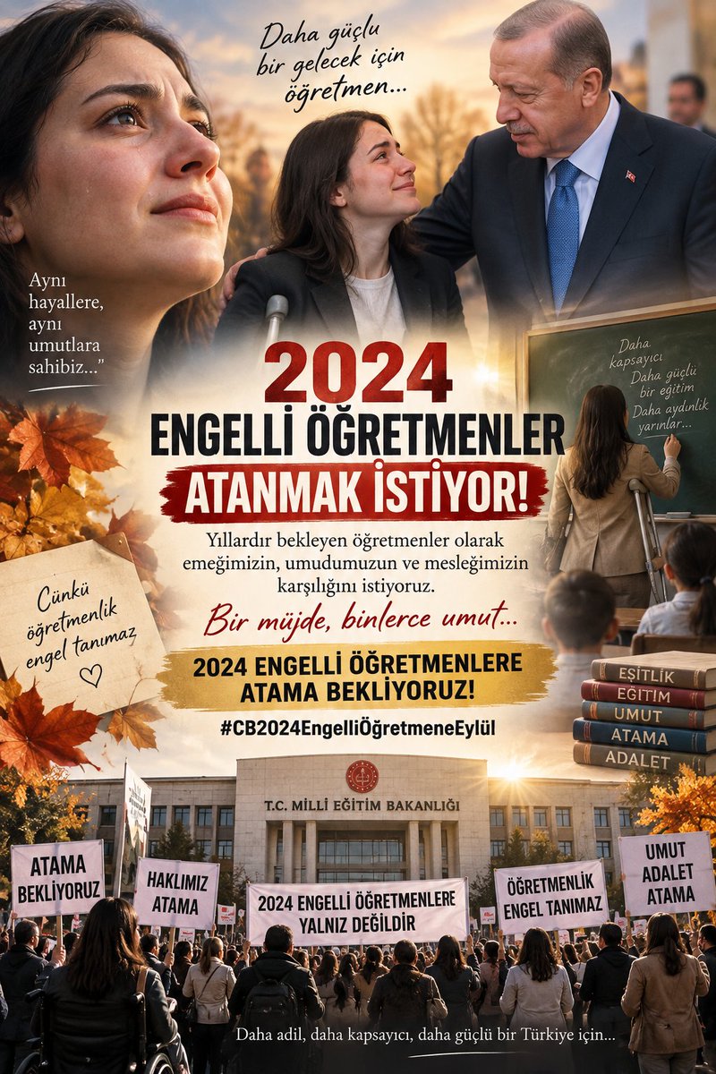 alkan387857's tweet photo. Sayın Cumhurbaşkanım @RTErdogan, zorlandık ama umudumuzu bırakmadık. Çünkü inanıyoruz ki siz, sağlıkla mücadele eden 2024 engelli öğretmenlerin sesini duyacak ve Eylül’de yüzleri güldüreceksiniz. #CB2024EngelliÖğretmeneEylül https://t.co/0MCzVuzOis