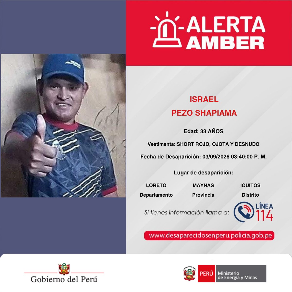 MinemPeru's tweet photo. #AlertaAmber 🚨 Se encuentran desaparecidos:

🚨 CRISTHINA JULIET DIOSES GUTIERREZ, de 16 años.
🚨 MIDORI SEDANO CORDOVA, de 17 años.
🚨 ISRAEL PEZO SHAPIAMA, de 33 años.
🚨 ROBERTO ANTONIO SANO SALAVERRY, de 38 años.

☝🏻Si los has visto, comunícate con la línea 📲 114 de la Policía Nacional del Perú.

🔁 Comparte y ayúdanos a encontrarlos. #DesaparecidosEnPerú