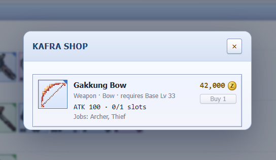 Ginaoix's tweet photo. The Gakkung Bow is now available at Kafra Shop for 42,000 Zeny. This bow offers 100 ATK, requires Base Lv. 33, and is suitable for Archers and Thieves. A solid choice for ranged combat! 🏹 @IdleROGame https://t.co/C7ppzMFxaz