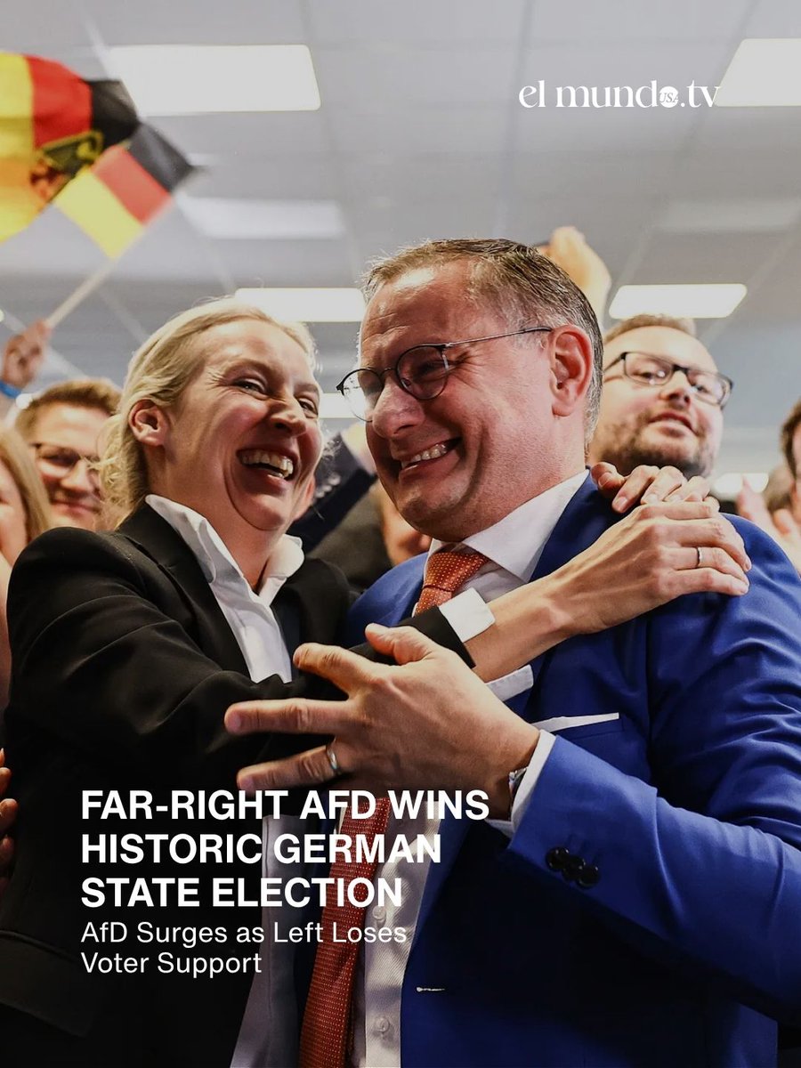 ElMundoUsaTV's tweet photo. Germany’s far-right Alternative for Germany (AfD) secured 43.8% of the vote in Saxony-Anhalt, marking a historic breakthrough and highlighting the party’s growing support. 

#Germany #AfD #SaxonyAnhalt #GermanPolitics #ElMundoUSA https://t.co/Vpta4AxjIj