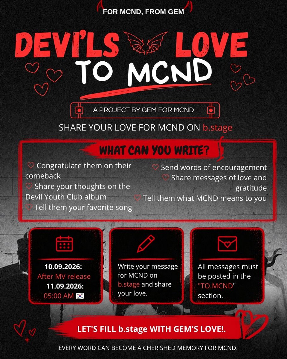 MCNDESP's tweet photo. 𝐃𝐄𝐕𝐈'𝐋𝐒 𝐋𝐎𝐕𝐄 𝐓𝐎 𝐌𝐂𝐍𝐃💎

To celebrate MCND comeback, let's fill b.stage with GEM's love! ❤️

🗓️10/09/26 &amp; 11/09/26

🌍 Use this link to check what time the event starts in your country:
https://t.co/qJqxj7krp2

#MCND #엠시엔디 
#DevilYouthClub https://t.co/dFfDPqUQbz
