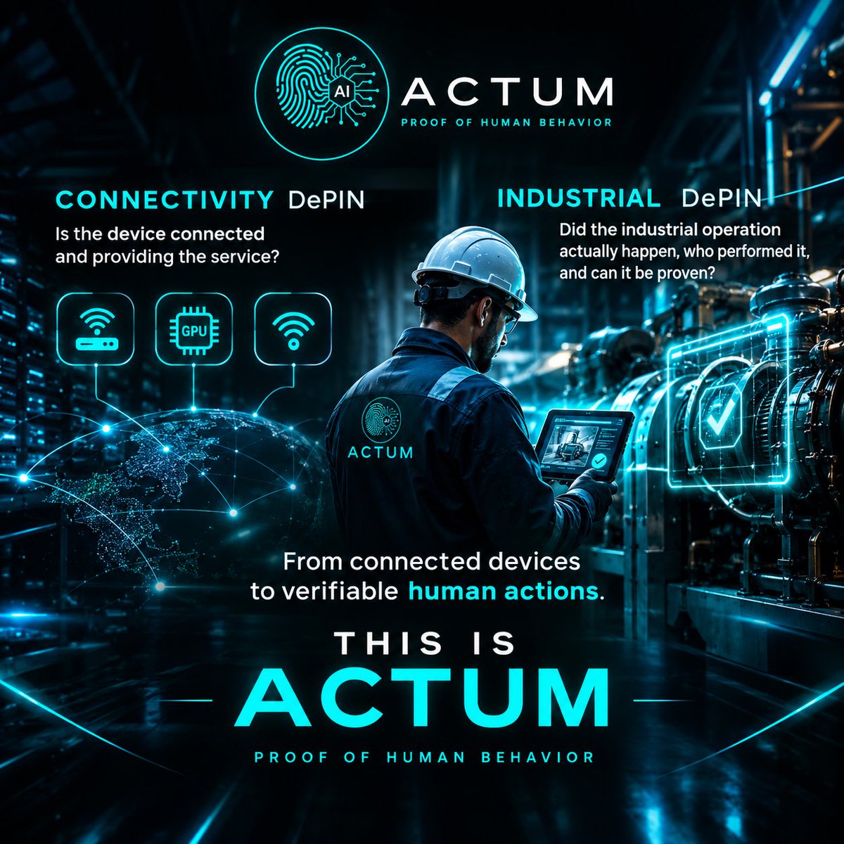 carte_free's tweet photo. When you hear DePIN, you probably think of devices connecting to networks, GPUs providing compute, or sensors collecting data.

But there’s a completely different layer to the problem:

What if you need to prove that someone actually maintained, inspected, or calibrated an industrial machine?

That’s where @Actum_AI comes in.

Traditional DePIN is mostly focused on providing infrastructure or data.

ACTUM focuses on proving the human actions happening inside the industrial world.

Through POHA, things like the worker’s proximity to the equipment, timing of the operation, operator identity, visual evidence, and the sequence of maintenance steps can be verified.

That event then becomes an auditable proof, with its evidence anchored on-chain.

And this is the distinction I find interesting:

Connectivity DePIN → Is the device connected and providing the service?

Industrial DePIN → Did the industrial operation actually happen, who performed it, and can it be proven?

That’s why ACTUM isn’t trying to be just another device network.

The idea is to build a proof layer for industrial behavior itself, turning maintenance and inspection activities into verifiable data that can be used for reporting, AI, and compliance.

This is where DePIN starts getting closer to the real world, not just the connected world.

#DePIN #ACTUM #Web3
