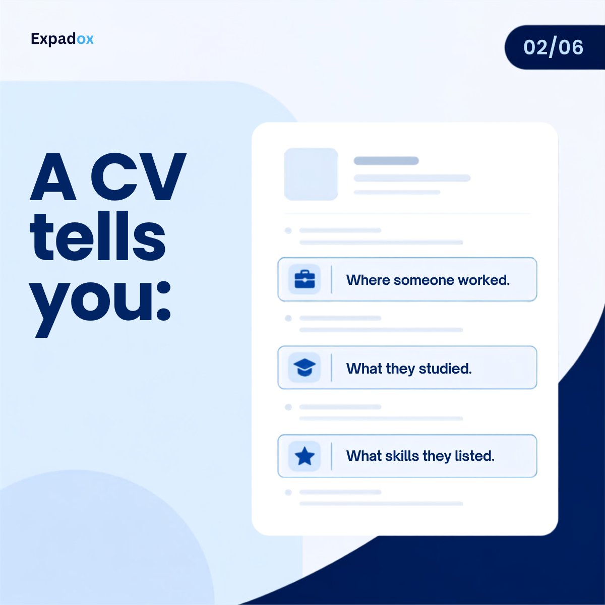 expadoxhq's tweet photo. A CV tells you where someone worked.

A certificate tells you what they studied.

Neither tells you if they can actually deliver.

Can they communicate? Collaborate? Solve real problems? Take accountability? Adapt?

That's what hiring should really be testing for. https://t.co/9baHSMCSB7