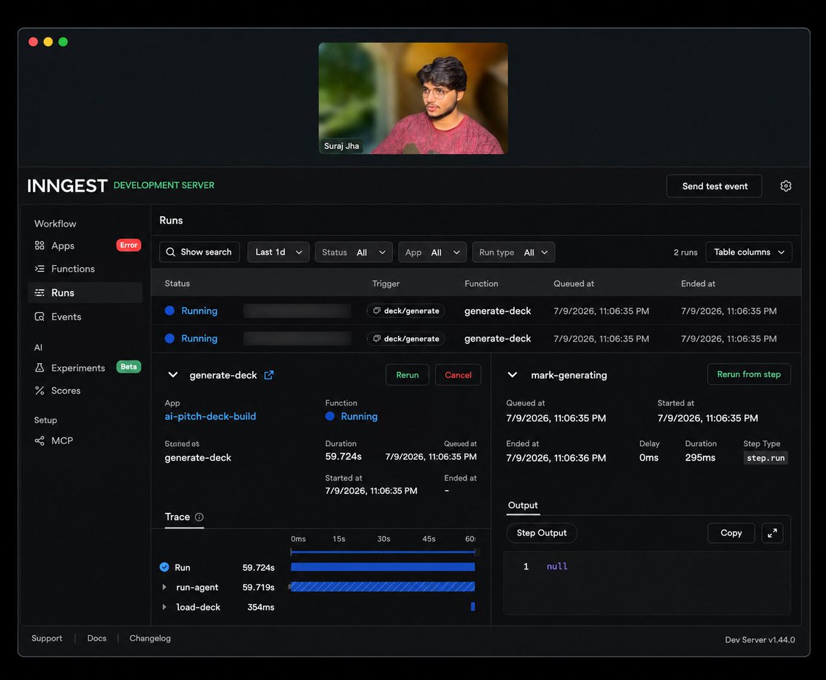 Akash_Code's tweet photo. Learned how to build an AI Pitch Deck today.

Now it's time to put that learning into practice using Inngest to turn user ideas into carousel slides and ImageKit to store generated images.

From learning the concepts to building the project. 🚀

 @ChaiCodeHQ  @surajtwt_ https://t.co/4bALTtypBU