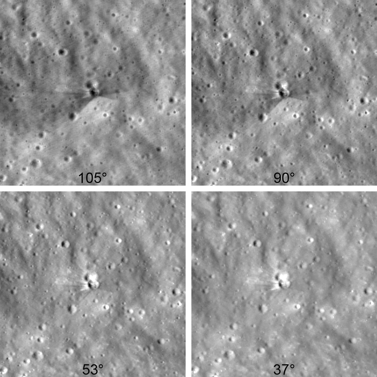 HawkingCenter's tweet photo. LRO imaged the Aug 5 Falcon 9 upper-stage crater on the Moon: ~18 m wide, <3 m deep, V-shaped ejecta from an oblique impact.

Bright fresh rays vs darker mature regolith — a clean experiment in lunar impact mechanics.

https://t.co/odyVKduQiW https://t.co/cQ4XQ3QZPU
