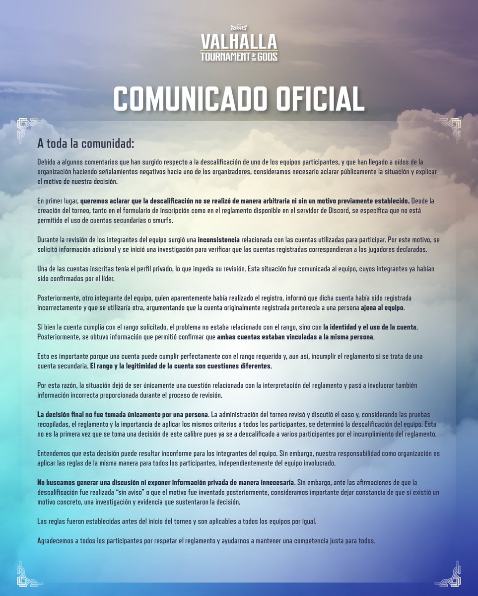 AthenaKamelot's tweet photo. Tras los acontencimientos ocurridos en las últimas horas vemos necesario hacer este comunicado.

De todo corazón les agradezco a las personas que nos siguen apoyando y confiando en nosotros.

Seguiremos trabajando para que este torneo sea de su agrado

#MarvelRivals https://t.co/H2EYUGzNMb