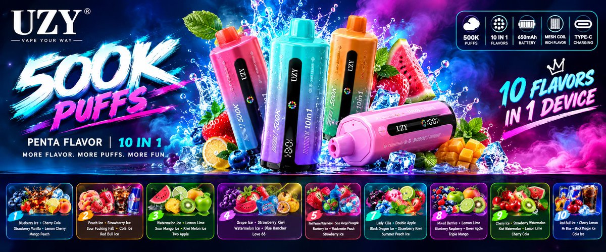 VAPLYNK's tweet photo. 🔥 UZY 500K — PENTA FLAVOR 10-IN-1

💨 Up to 500K Puffs
🔄 10 Flavor Combinations
🍓 5 Flavors per Combination
⚙️ 5 Mesh Coils
🔋 650mAh Battery
⚡ Type-C Charging
10 combinations. Built for variety.
🌐 https://t.co/eSv7tcfDOV
#UZY500K #10in1 #VapeWholesale https://t.co/slcfv87DoB