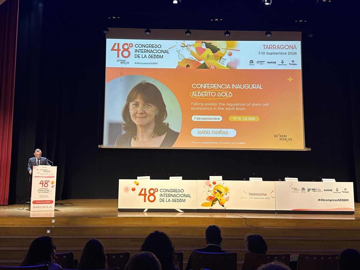 SEBBM_es's tweet photo. En directo desde Tarragona: Isabel Fariñas presenta:
“Falling asleep: the regulation of stem cell quiescence in the adult brain”
@FarinasLab @_BIOTECMED #48CongresoSEBBM #ConferenciaAlbertoSols @universitatURV https://t.co/oUIEsD36W8