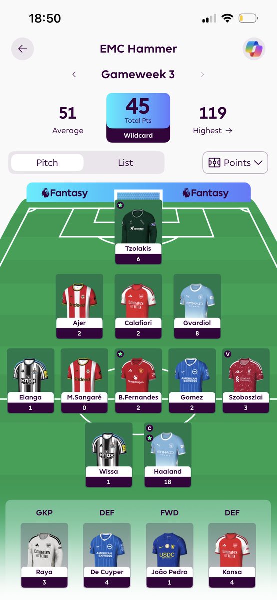 FootyFunction's tweet photo. Gw3 review:
Another poor week even with the wildcard played, only positive to take is a lot of triple captains used on haaland, if I play mine right we can get back up there #FPLCommunity #fpl #FPLCommunity https://t.co/apQ4fnDPcq