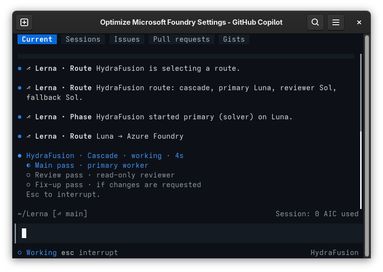Lerna screenshot showing live HydraFusion route selection, primary and reviewer model assignment, and phase-level status inside GitHub Copilot