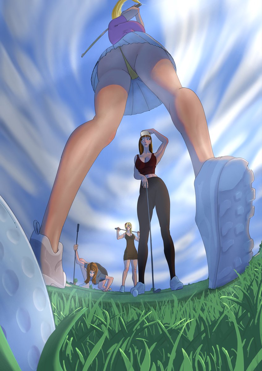 Fronkonk's tweet photo. I‘ve drawn some of the ‘a weekend alone‘ girls playing golf. 

Valerie in the front. Sarah, Ariel and Mary-Jean in the background. And some tinies on the ball :D

#aweekendalone #giantess https://t.co/40hjmMxIbN