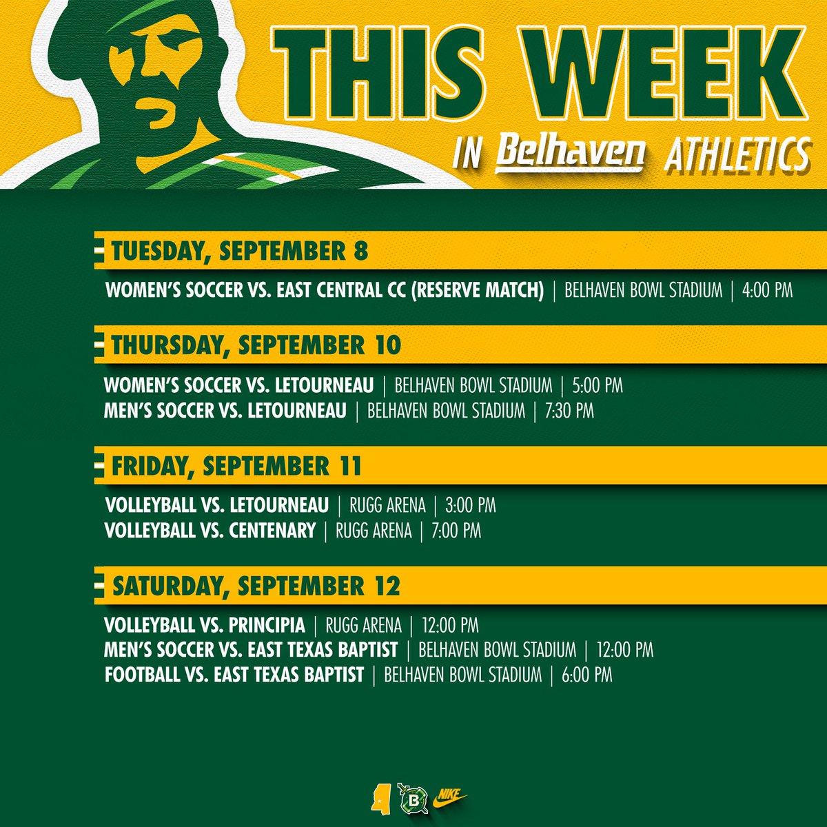 BelhavenBlazers's tweet photo. 𝙏𝙝𝙞𝙨 𝙒𝙚𝙚𝙠 𝙞𝙣 𝘽𝙚𝙡𝙝𝙖𝙫𝙚𝙣 𝘼𝙩𝙝𝙡𝙚𝙩𝙞𝙘𝙨 ⚔️ 

The Blazers are staying at home this week, with eight games at home across four sports.

#GoGreen https://t.co/1pESsUIgKM