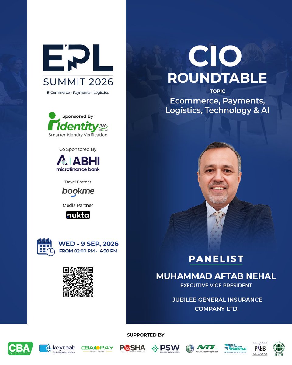 eplsummitpk's tweet photo. Welcome 𝗠𝘂𝗵𝗮𝗺𝗺𝗮𝗱 𝗔𝗳𝘁𝗮𝗯 𝗡𝗲𝗵𝗮𝗹, 𝗘𝘅𝗲𝗰𝘂𝘁𝗶𝘃𝗲 𝗩𝗶𝗰𝗲 𝗣𝗿𝗲𝘀𝗶𝗱𝗲𝗻𝘁 at 𝗝𝘂𝗯𝗶𝗹𝗲𝗲 𝗚𝗲𝗻𝗲𝗿𝗮𝗹 𝗜𝗻𝘀𝘂𝗿𝗮𝗻𝗰𝗲 𝗖𝗼𝗺𝗽𝗮𝗻𝘆 𝗟𝘁𝗱., as a distinguished 𝗽𝗮𝗻𝗲𝗹𝗶𝘀𝘁 for the 𝗖𝗜𝗢 𝗥𝗼𝘂𝗻𝗱𝘁𝗮𝗯𝗹𝗲 at 𝗘𝗣𝗟 𝗦𝗨𝗠𝗠𝗜𝗧 𝟮𝟬𝟮𝟲! https://t.co/8dU4WPoWDg
