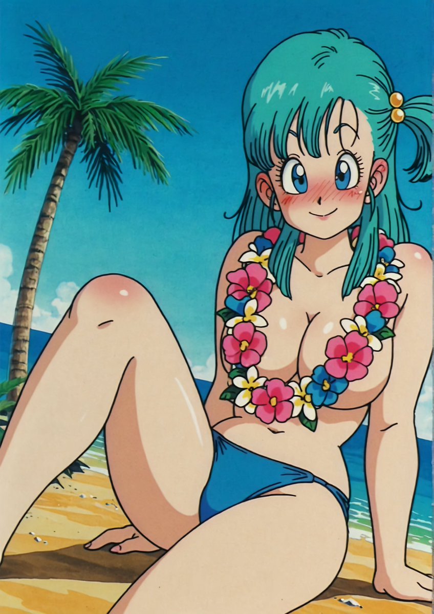 mongerretro's tweet photo. Bulma (Dragon Ball) trading radar tech for a colorful lei! https://t.co/qjAi52dSmL
