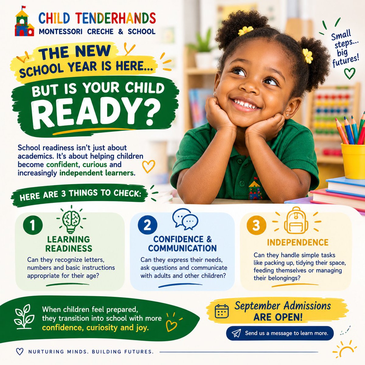 childtenderhand's tweet photo. Is your child ready for the new school year?

School readiness isn't just academics. Confidence, communication, curiosity and independence matter too. 🌱

🎓 September Admissions are OPEN!
📩 Send us a message to learn more.
#ChildTenderhands #SchoolReadiness #Montessori https://t.co/eObKgL7GRq