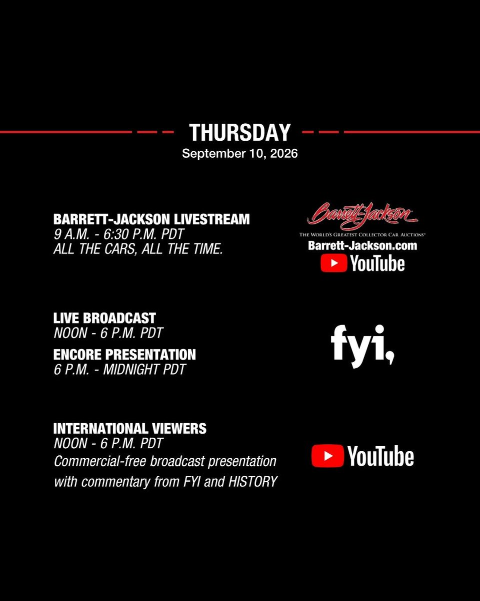 Tune in for all the Las Vegas action! Watch the 2026 Las Vegas Auction live Sept. 10-12 on FYI and HISTORY, with “All the Cars, All the Time” streaming on YouTube. Check out the full broadcast schedule and see every moment from the auction block!