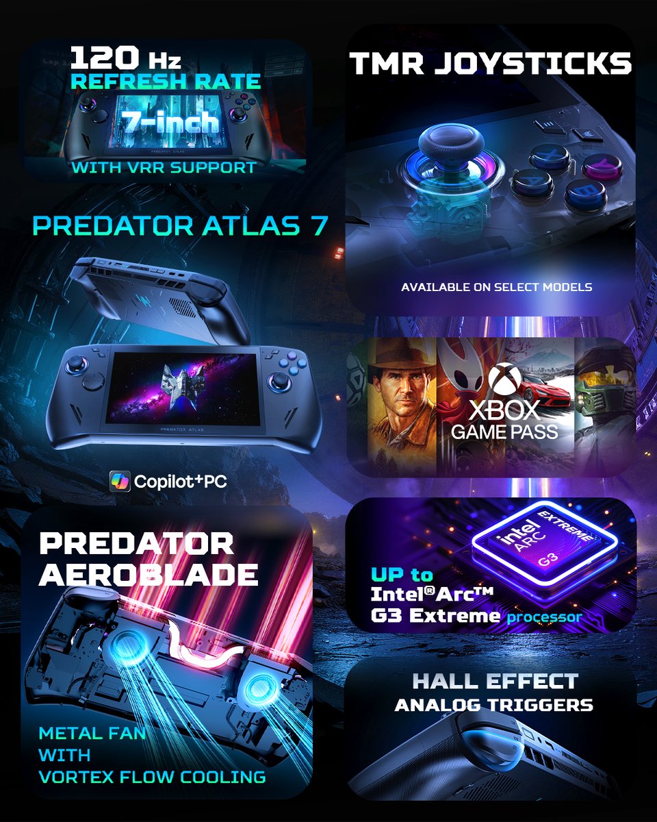 PredatorGaming's tweet photo. Meet the #PredatorAtlas7 🎮🔥

Ultimate gaming, put in your hands - powered by the new Intel® Arc™ G3 Extreme for serious performance and kept cool with Predator AeroBlade technology. All packed into a small form factor, with premium controls for super precision.

Ready to take the game anywhere? #IFA2026 #NextAtAcer

https://t.co/bWM2AjsEy6