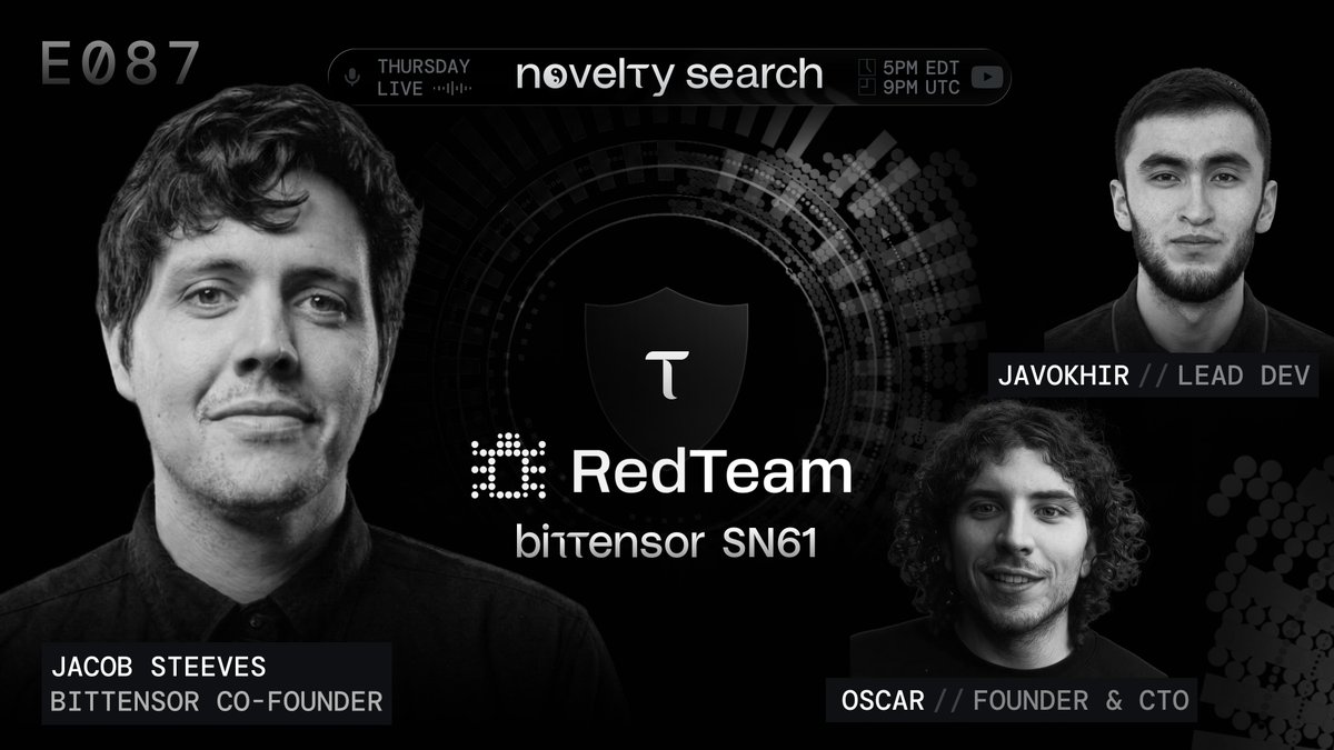 opentensor's tweet photo. Novelty Search :: Subnet 61 :: @_redteam_
RedTeam turns Bittensor miners into a 24/7 network of ethical hackers.
We’ll discuss how SN61 uses that competition to stay ahead of evolving bot attacks, its five new enterprise pilots, and what comes next with RedTeam’s upcoming Immune System.
Live on Thursday :: 9PM UTC :: on X + YouTube
Hosted by @const_reborn