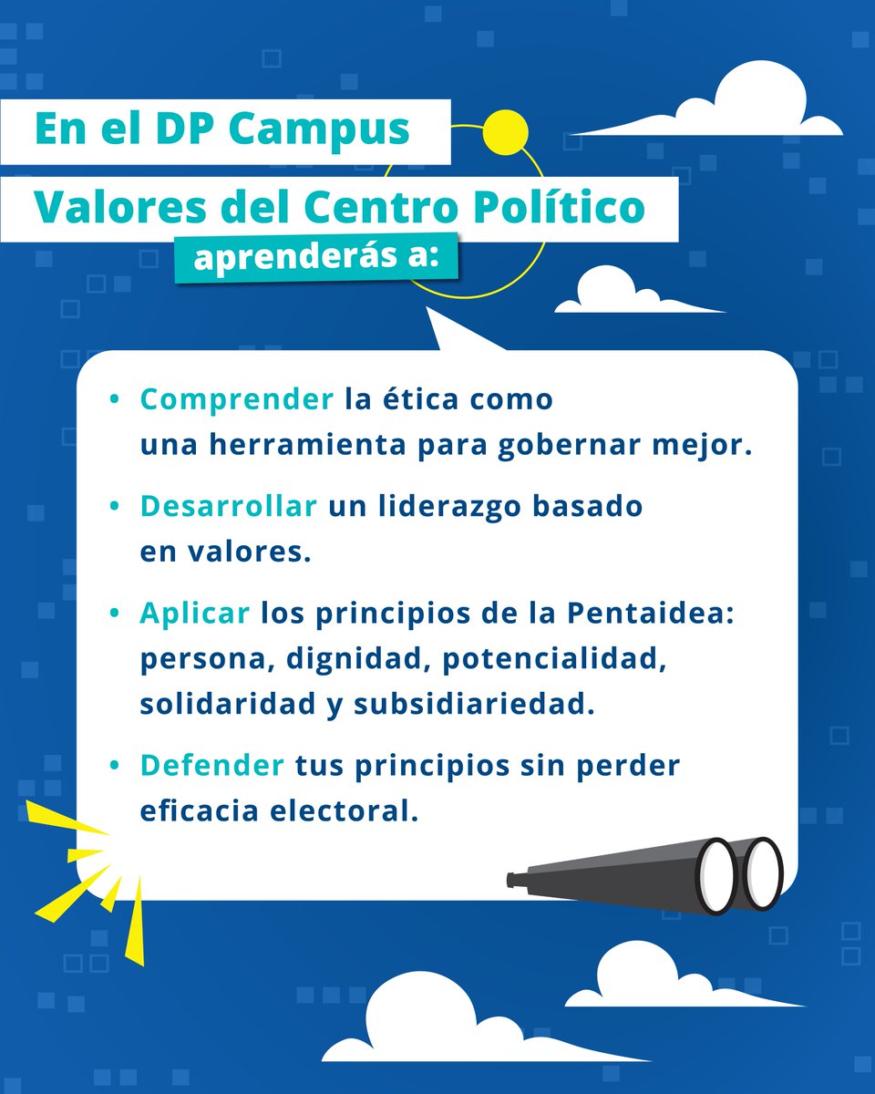 dplatinoamerica's tweet photo. ¿Se puede hacer política con principios y, al mismo tiempo, ser efectivo?

🎓 En el #DPCampus Valores del Centro Político aprenderás a construir un liderazgo ético, efectivo y coherente, sin renunciar a tus convicciones.

🎓 150 becas disponibles
📅 Postula hasta el 15 de septiembre.

https://t.co/dVkP0qSpir