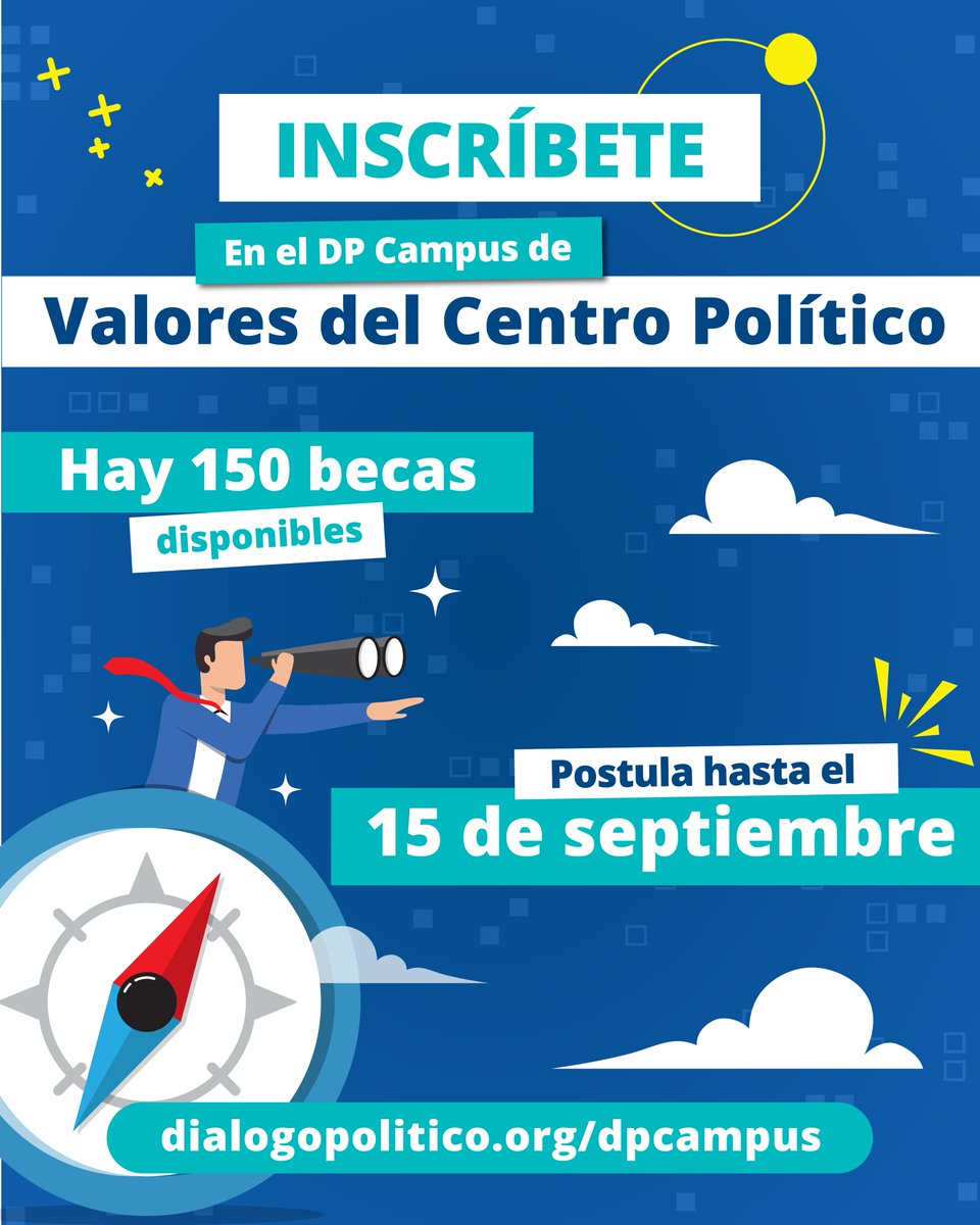 dplatinoamerica's tweet photo. ¿Se puede hacer política con principios y, al mismo tiempo, ser efectivo?

🎓 En el #DPCampus Valores del Centro Político aprenderás a construir un liderazgo ético, efectivo y coherente, sin renunciar a tus convicciones.

🎓 150 becas disponibles
📅 Postula hasta el 15 de septiembre.

https://t.co/dVkP0qSpir