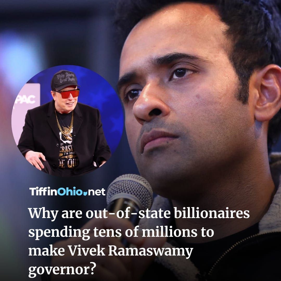 TiffinOhioNews's tweet photo. Five billionaires supplied 88% of the money raised by the main super PAC backing Ramaswamy through June. Several have major interests in private-school expansion, artificial intelligence and the data-center economy. The question remains: Why do they care so much about who governs Ohio? Read more: https://t.co/jbETdCl53E