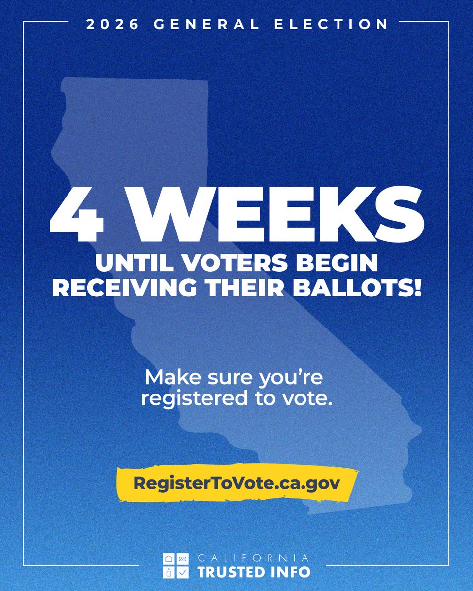 CASOSVote's tweet photo. Just 4 weeks until voters begin receiving their ballots! Make sure you’re registered to vote at https://t.co/2Jh1Em23MX.

#CATrustedInfo2026 #VoteCalifornia https://t.co/dvg9EfBa4r
