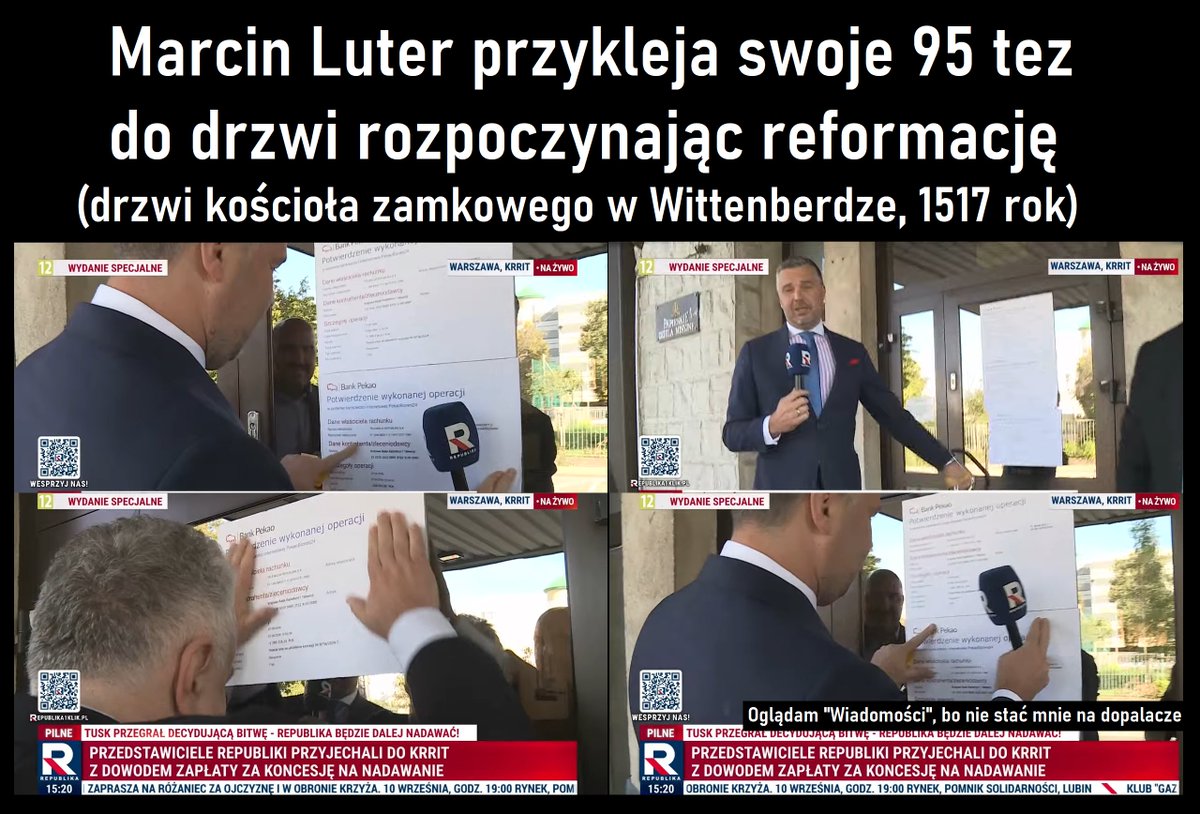 OgladamW's tweet photo. Kontekst: dziś, w godzinach popołudniowych, 3 Muszkieterów Domu Wolnego Słowa (Rachoń, Sakiewicz &amp;Olechowski) przybyło przed siedzibę Krajowej Rady Radiof. i Telewizji celem przyklejenia do drzwi potwierdzeń przelewów na zaległą koncesję na nadawanie TV Republika. Taki performęs. https://t.co/ikXWu6m31w