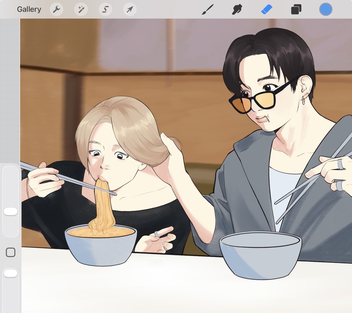 2cool4koomi's tweet photo. bad doodle of jimin eating jk’s cooking after That story #jikook https://t.co/fuMWXoDuhc