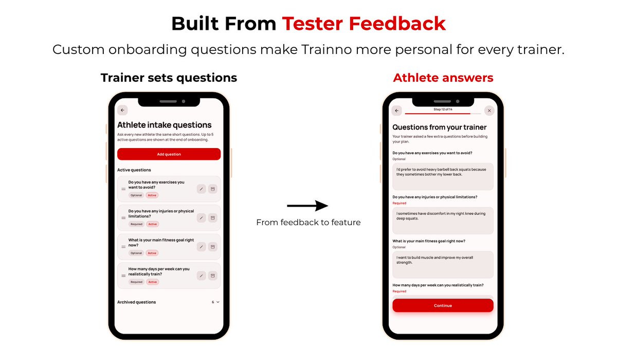 AsanaElif4478's tweet photo. One of our testers gave us a really simple piece of feedback about Trainno:

“Not every trainer wants to ask their clients the same questions.”

And they were right.

Some trainers care more about injuries, some about training history, habits, or something completely specific to the way they coach.

So we added custom onboarding questions.

Trainers can now choose what they want to ask, and new clients answer those questions during onboarding.

It came from a small piece of tester feedback, but it made the whole onboarding experience feel much more personal.

These are probably my favorite kinds of product changes :)

#BuildInPublic #Shipaton