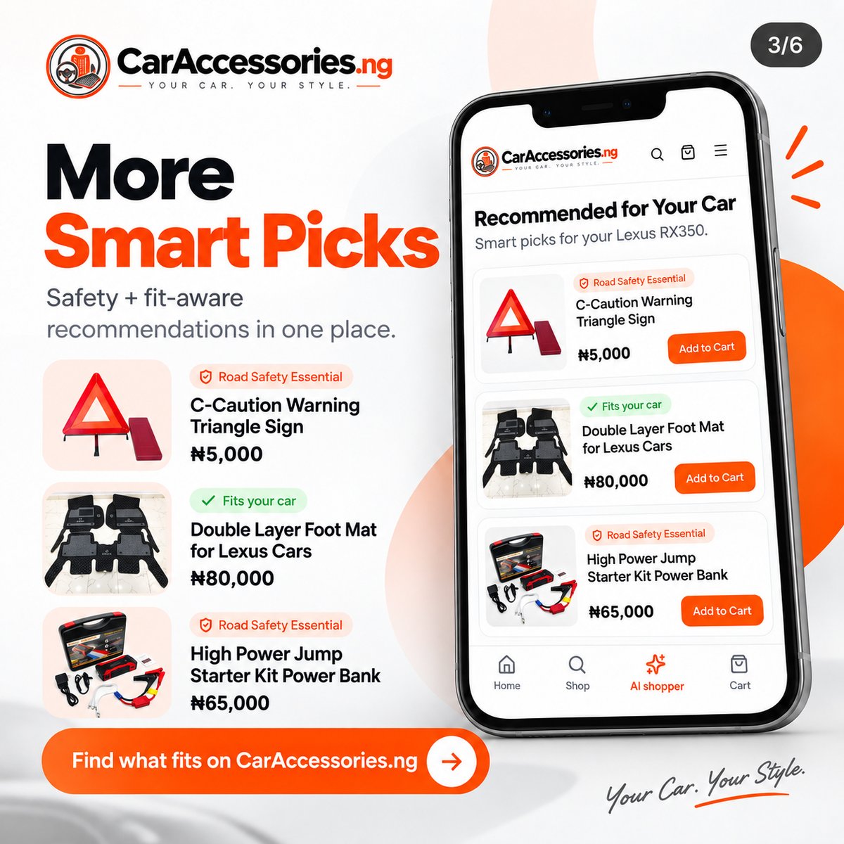 caraccessory_ng's tweet photo. Meet the smarter way to shop for your car 

Tell our AI Shopper what you drive and what you need — it recommends real products from our catalogue, with real prices and fitment. No invented products. No guessing.

From safety essentials and seat covers to comfort accessories and car tech, find what works for your car faster.

👉 Try it now on https://t.co/hmSzXj6Qob

Your Car. Your Style.

#CarAccessoriesNG #AIShopper #CarAccessories #CarOwnersNigeria #CarInterior #CarSafety #CarTech #NigeriaCars