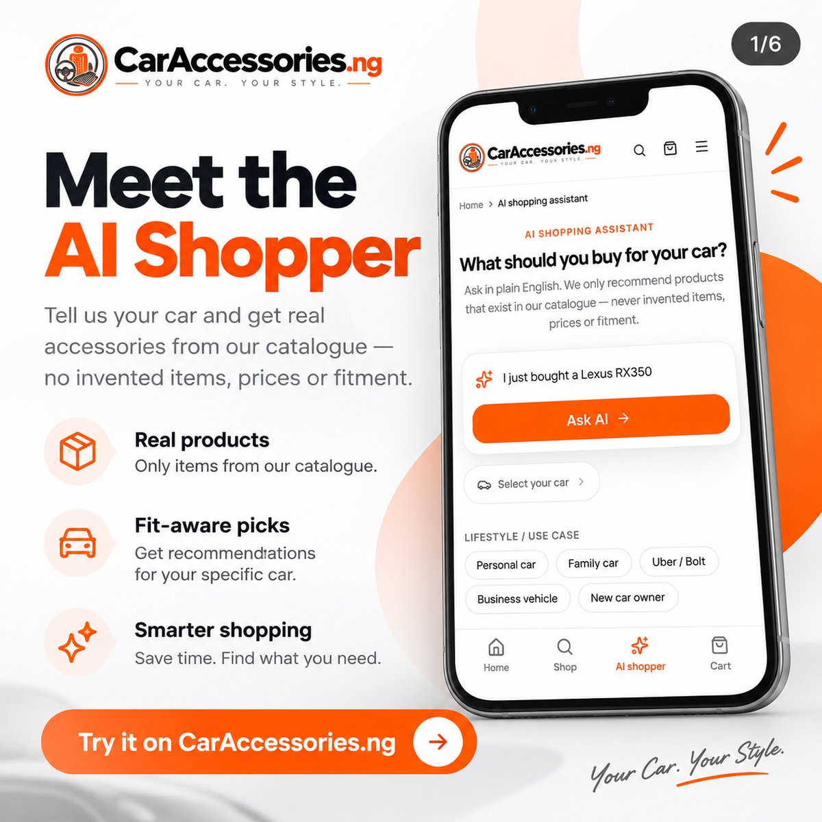 caraccessory_ng's tweet photo. Meet the smarter way to shop for your car 

Tell our AI Shopper what you drive and what you need — it recommends real products from our catalogue, with real prices and fitment. No invented products. No guessing.

From safety essentials and seat covers to comfort accessories and car tech, find what works for your car faster.

👉 Try it now on https://t.co/hmSzXj6Qob

Your Car. Your Style.

#CarAccessoriesNG #AIShopper #CarAccessories #CarOwnersNigeria #CarInterior #CarSafety #CarTech #NigeriaCars