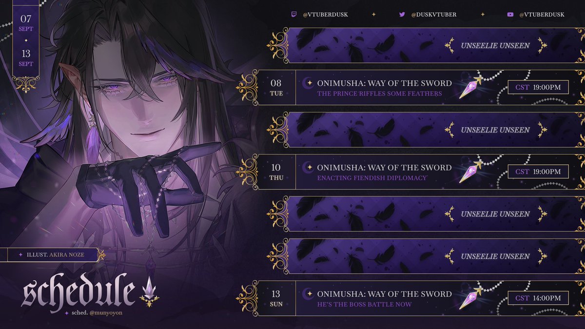 DuskVTuber's tweet photo. ✦ Stream Schedule ✦

The murder continues...

⚔️ #Onimusha: Way of the Sword
https://t.co/vWlp65qGQU 

Dusk Descends: 
🐦‍⬛ Tuesday - 7PM CST 
🐦‍⬛ Thursday - 7PM CST
🐦‍⬛ Sunday - 2PM CST  

See you there, little crows...  

#DuskVT #VTuber #ENVTuber https://t.co/ySamkw6qR8
