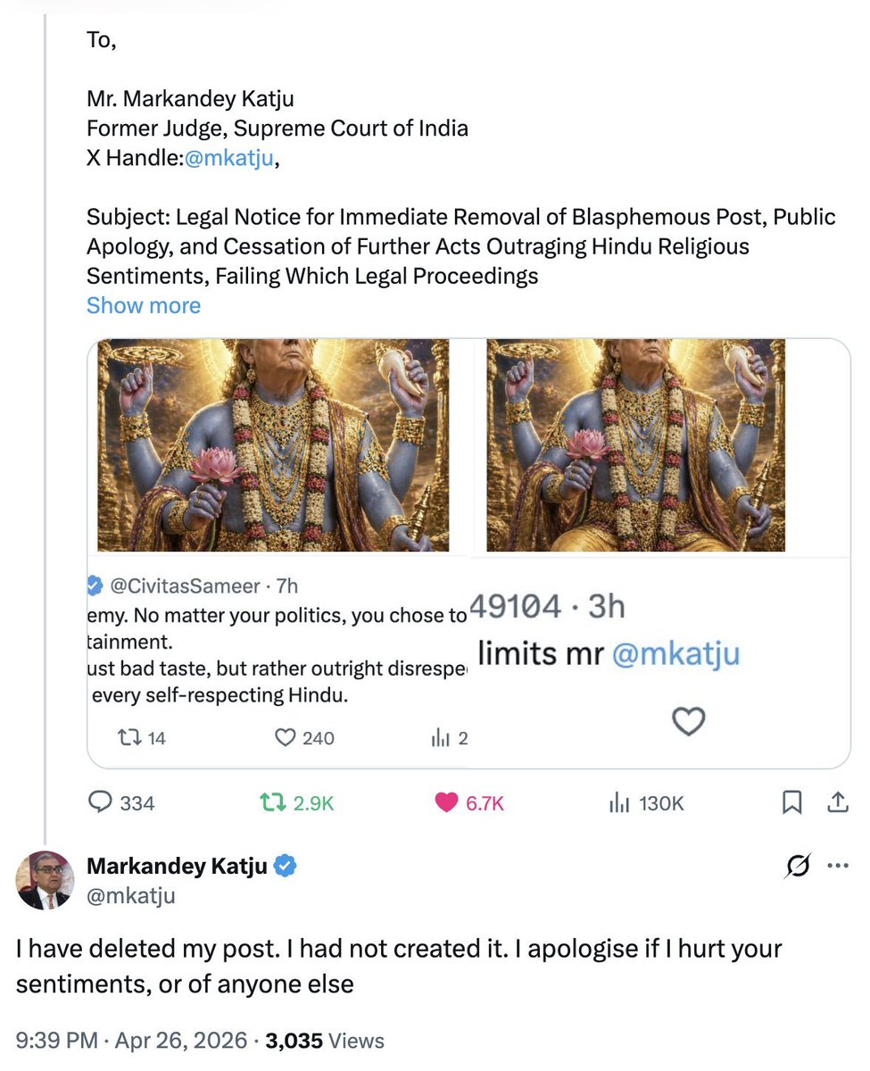 SachdevaAmita's tweet photo. If a former Judge of the Supreme Court of India can publicly acknowledge his mistake and apologise, anyone else can do the same. 

An apology is always better than allowing the matter to escalate and ultimately having to face legal action. https://t.co/5KZyiyqeJJ