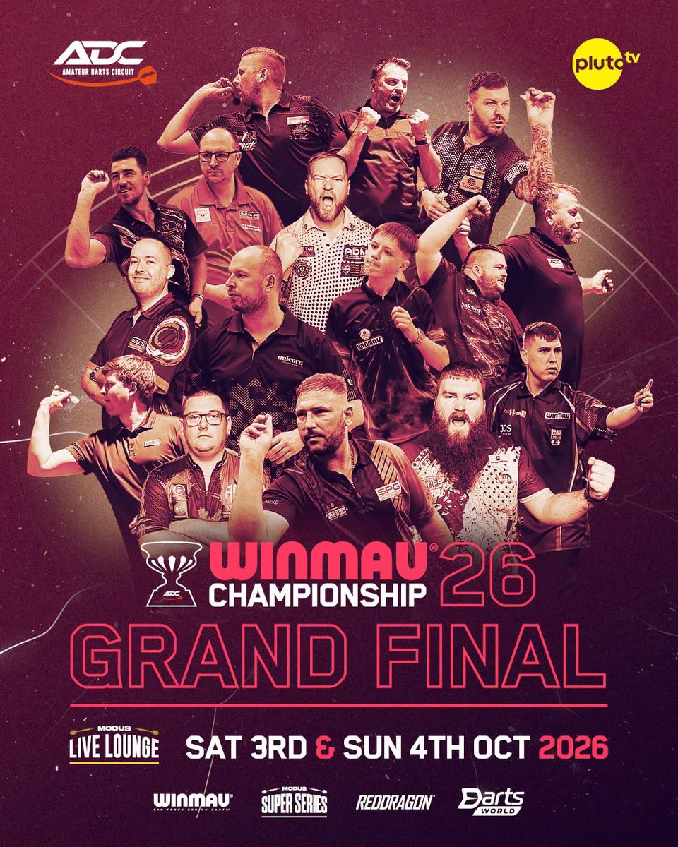 dartscircuit's tweet photo. 🏆 WINMAU CHAMPIONSHIP 2026 GRAND FINAL — THE DRAW IS SET!

16 players. One trophy. The Winmau Championship 2026 Grand Final is locked in. 🎯🔥
Two days of action at the MODUS Live Lounge, Saturday 3rd & Sunday 4th October 2026, with a boosted £10,000 prize fund and £3,000 waiting for the 2026 champion.

🎯 ROUND OF 16
🏴󠁧󠁢󠁥󠁮󠁧󠁿 Daniel Ayres 🆚 Jamie Owens 🏴󠁧󠁢󠁥󠁮󠁧󠁿
🏴󠁧󠁢󠁳󠁣󠁴󠁿 Ryan Hogarth 🆚 Dan Nicholls 🏴󠁧󠁢󠁥󠁮󠁧󠁿
🏴󠁧󠁢󠁥󠁮󠁧󠁿 Lewis Cook 🆚 David Sumner 🏴󠁧󠁢󠁥󠁮󠁧󠁿
🏴󠁧󠁢󠁥󠁮󠁧󠁿 Graham Hall 🆚 Ashley Coleman🏴󠁧󠁢󠁥󠁮󠁧󠁿
🇮🇪 Steve Lennon 🆚 William Borland 🏴󠁧󠁢󠁳󠁣󠁴󠁿
🏴󠁧󠁢󠁥󠁮󠁧󠁿 Lewis Pride 🆚 Chas Barstow 🏴󠁧󠁢󠁥󠁮󠁧󠁿
🏴󠁧󠁢󠁥󠁮󠁧󠁿 Alan Slater 🆚 Jack Main 🏴󠁧󠁢󠁥󠁮󠁧󠁿
🏴󠁧󠁢󠁥󠁮󠁧󠁿 Callum Francis 🆚 Roger Crook 🏴󠁧󠁢󠁥󠁮󠁧󠁿

The bracket is set — winners of ties 1 & 2, 3 & 4, 5 & 6 and 7 & 8 will meet in the quarter-finals.

📺 Watch LIVE and FREE exclusively on Pluto TV → https://t.co/2yVWcpM0C7

💸 £10,000 boosted prize fund
🏆 £3,000 to the champion
🎯 16 players
📍 MODUS Live Lounge
📅 Saturday 3rd & Sunday 4th October 2026

🎟️ TICKETS ON SALE NOW
https://t.co/iaSvFfNn5x

🤝 Powered by ADC, Winmau, Red Dragon, MODUS Super Series & Darts World