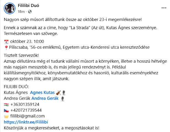 AndreaGerak's tweet photo. 🇭🇺 #Fililibi
Nagyon szép műsort állítottunk össze! #október23
🗓️ okt. 23. 10:00
📍Piliscsaba, ’56-os emlékmű
FILILIBI DUÓ: https://t.co/pljf8r5CUJ
#KutasÁgnes #GerákAndrea #zene #rendezvény #esemény #ünnepség #koncert #event #concert #music https://t.co/5Mgr9swfk8