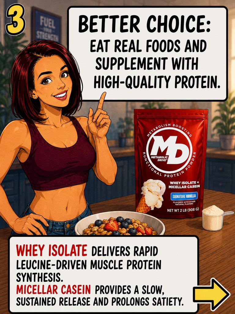 T_Nation's tweet photo. “High-protein” cereals, breads, tortillas, pancakes, chips, and other packaged foods are everywhere. The problem: Protein grams don’t tell you protein quality.

Metabolic Drive info: https://t.co/2rtMLYNBJD https://t.co/5x6bvdvoMM