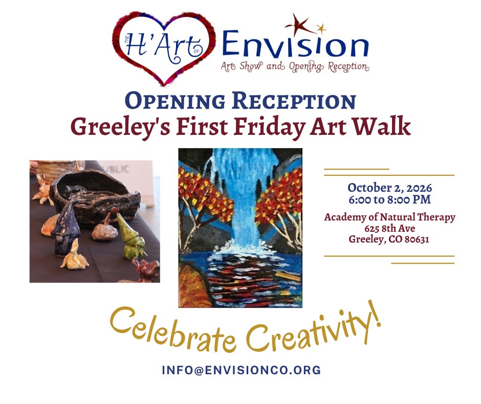 EnvisionCoOrg's tweet photo. 2026 H'Art of Envision Art Show, Greeley's First Friday Art Walk. Please join us as we show our support for Envision's art program, This event is free, open to the public and family friendly. For more information visit: info@envisionco.org
#FirstFridayArtWalk https://t.co/iBSQf0g7my